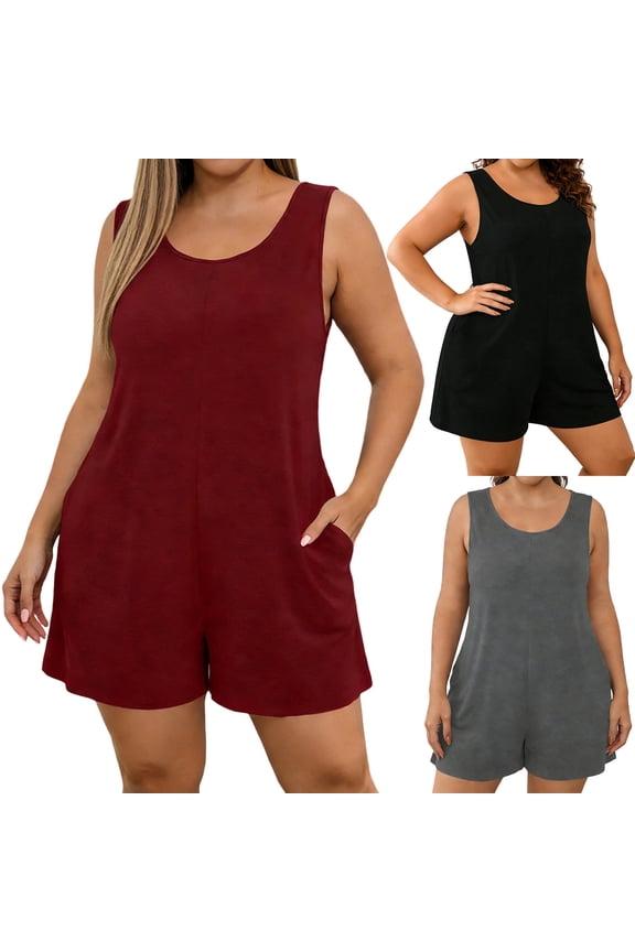 Plus Size Romper Shorts for Women Sleeveless Loose Short Jumpsuits Business Casual Summer Rompers with Pockets Black XXL