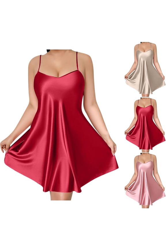 Plus Size Satin Nightgowns for Women Spaghetti Strap Sweetheart Neck Mini Dresses Silky Soft Sleepwear Cozy Nightdress Red XXL