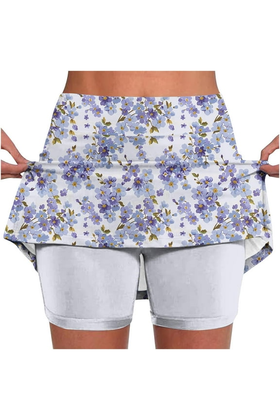 Plus Size Skort for Curvy Women Knee Length Tennis Skorts Summer Casual Floral Printed Golf Skirts with Shorts Multicolor L