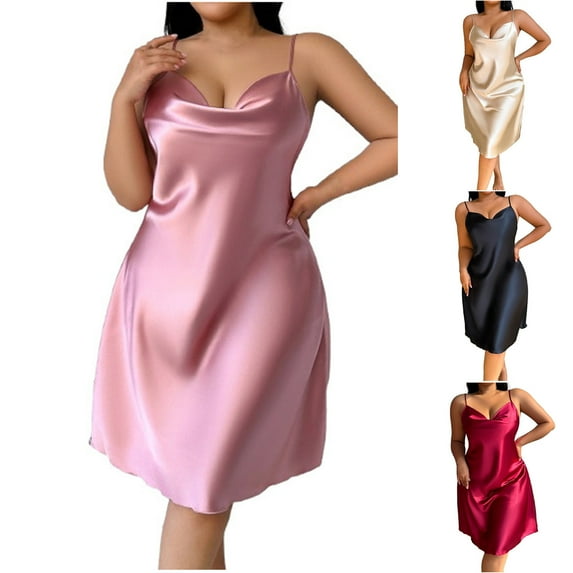 Feancey Plus Size Sleep Dresses for Women Satin Silk Nightgowns Spaghetti Strap Cowl Neck Sleepshirts Backless Casual Soft Pajama Dress Khaki 4XL