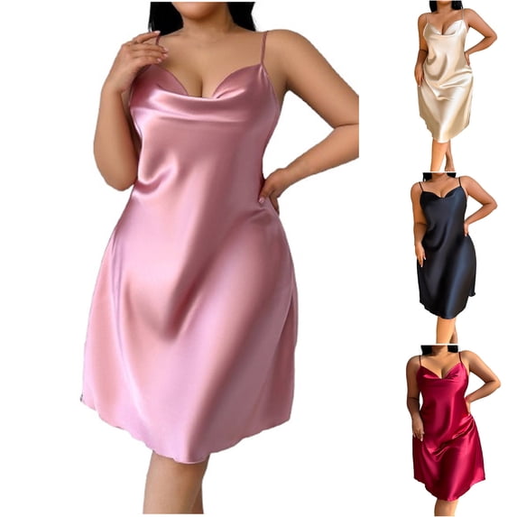 Feancey Plus Size Sleep Dresses for Women Satin Silk Nightgowns Spaghetti Strap Cowl Neck Sleepshirts Backless Casual Soft Pajama Dress Pink 3XL