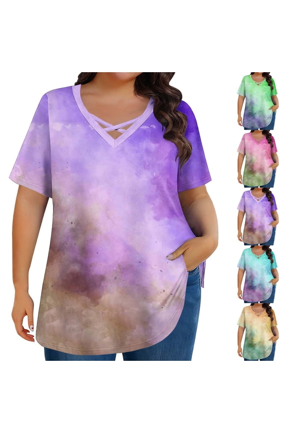 Plus Size T-Shirts for Women Crossover V Neck Work Blouse Dressy Trendy Tie Dye Short Sleeve Graphic Tees Casual Summer Tops Hot Pink XXL