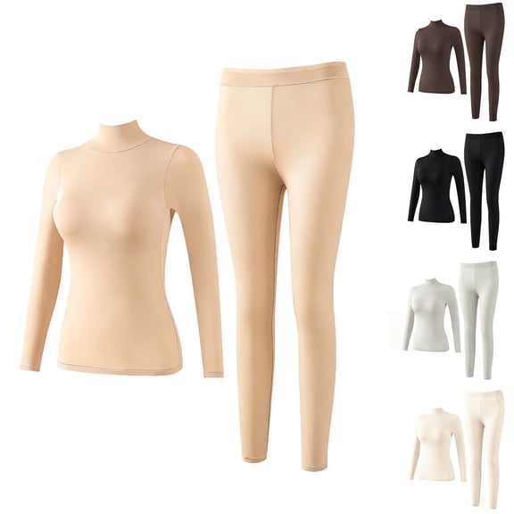 Feancey Plus Size Thermal Sets for Women Turtlerneck Base Layer Tops and Bottoms Pajama Set Cozy Warm Underwear Long Johns Sets Beige XL