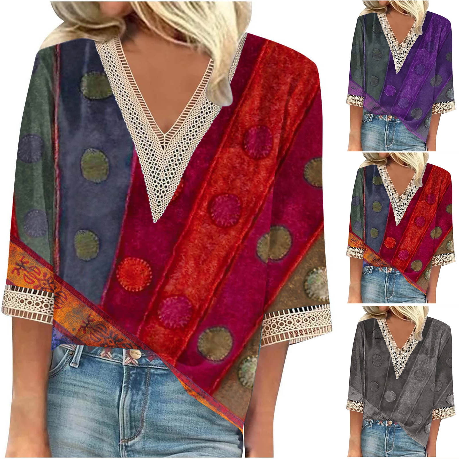 Women's Summer Tops - Lace V-Neck Cap Sleeve Blouse With Floral Print | Loose Fit Casual Shirt For Spring, Summer & Fall