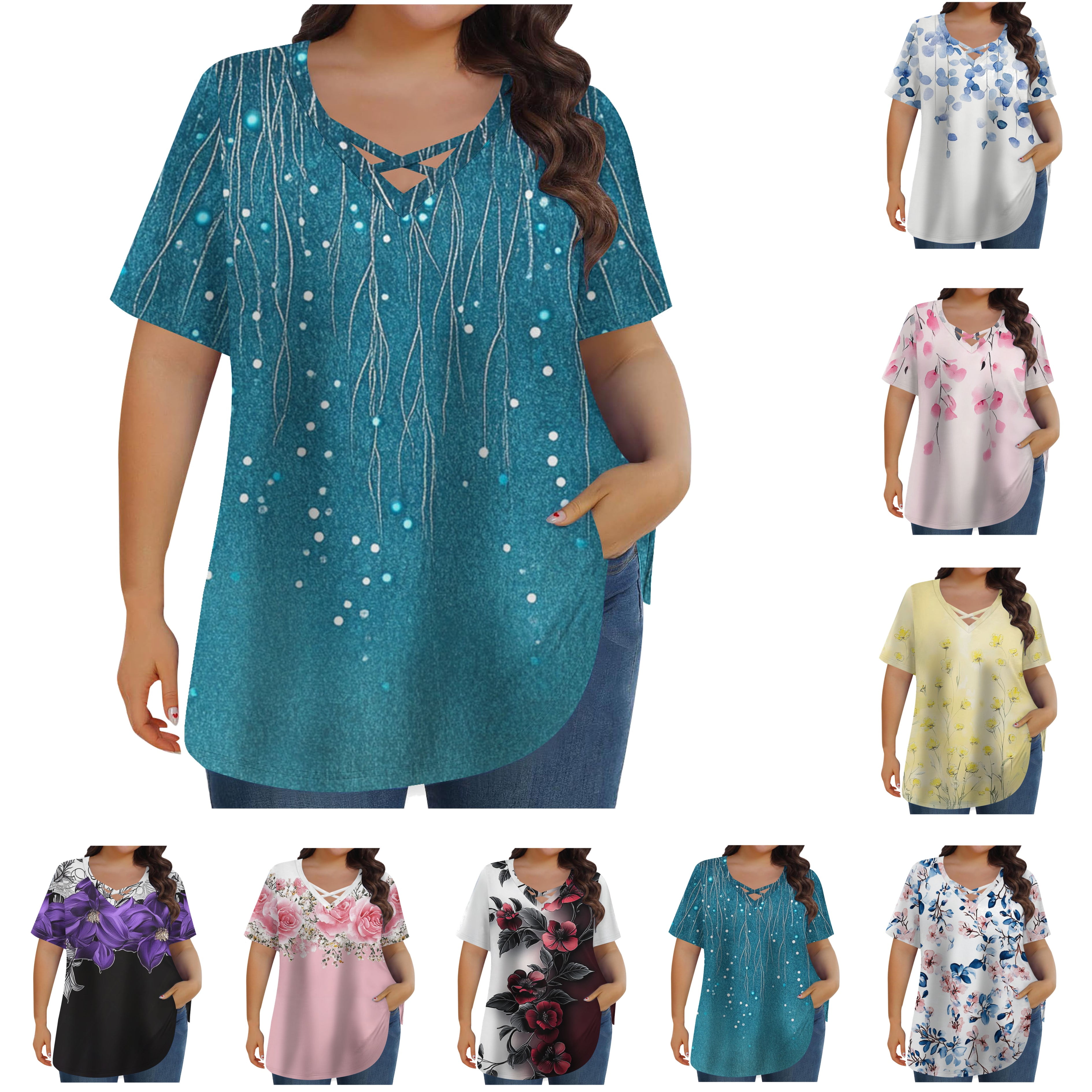 Feancey Plus Size Tops for Women Vacation Casual Criss Cross V Neck ...
