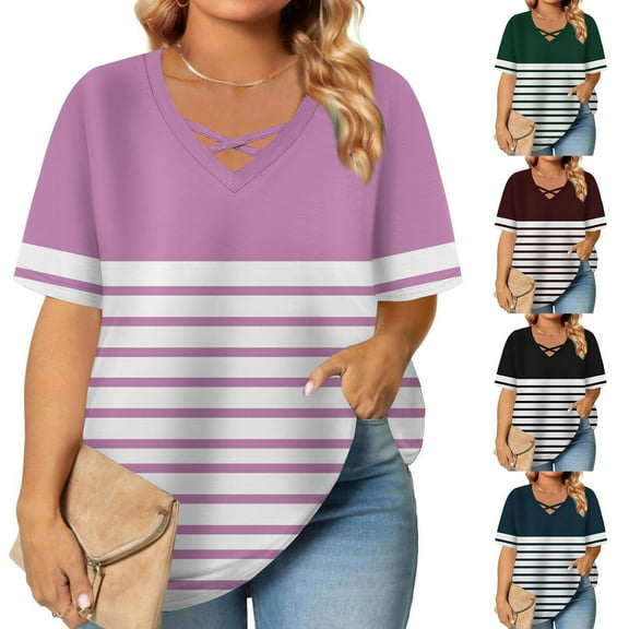Feancey Plus Size Trendy Tops for Women 2025 Summer Criss Cross V Neck Short Sleeve T-Shirts Dressy Casual Striped Printed Work Blouse BrownXXL
