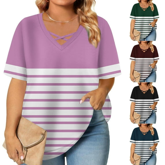 Feancey Plus Size Trendy Tops for Women 2025 Summer Criss Cross V Neck Short Sleeve T-Shirts Dressy Casual Striped Printed Work Blouse NavyXL