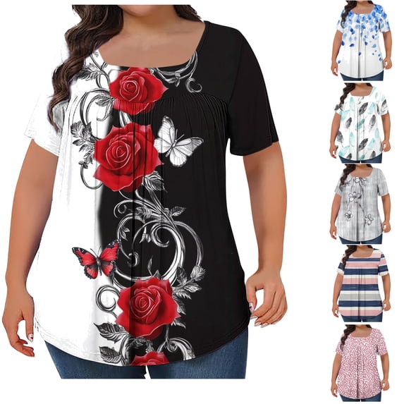 Feancey Plus Size Tunic Blouses for Women 2025 Summer Pleated Short Sleeve Loose Tshirts Dressy Trendy Printed Going Out Tops Multicolor 3XL