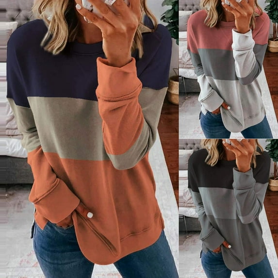 Feancey Plus Size Tunic Sweatshirt for Women Colorblock Casual Loose Pullover Tops Long Sleeve Crewneck Tunic Sweatshirts Fall Trendy Clothes Pink S
