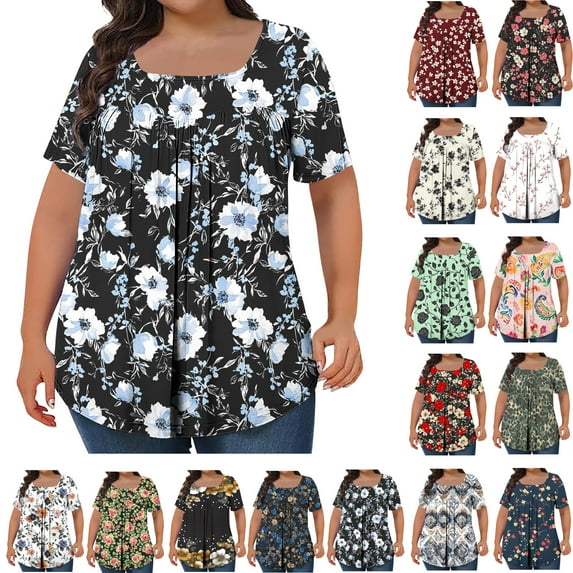 Feancey Plus Size Tunic Tops for Women Floral Short Sleeve Blouses Pleated Casual Beach Vacation Tshirt 2025 Trendy Clothes Multicolor 5XL