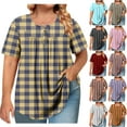 thumbnail image 1 of Feancey Plus Size Tunic Tops for Women Plaid Short Sleeve Henley Shirt Button up Casual Pleated Blouse Dressy Trendy Going Out T Shirts Coffee L, 1 of 7