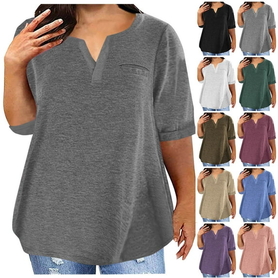 Feancey Plus Size Tunic Tops for Women V Neck Short Sleeve T Shirts Summer Casual Loose Work Blouse Oversized Solid Color Basic Tees Purple L