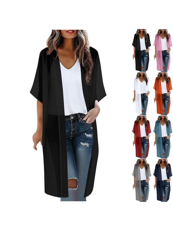 Plus Size Women's Lightweight Cardigan Half Sleeve Casual Open Front Long Cardigans Solid Color Loose Kimono Cover Up for Daily Wear Beach Swim Gray XXL