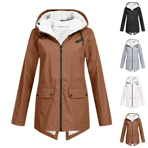 Feancey Plus Size Womens Hooded Rain Jackets Winter Fleece Lined Waterproof Rain Coats Fuzzy Warm Windbreaker Long Travel Trench Coat with Pockets Brown L
