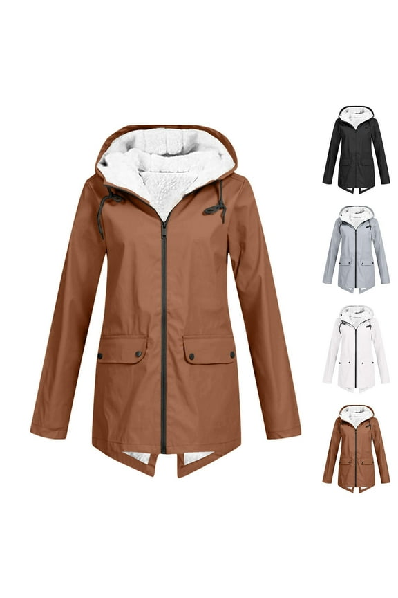 Plus Size Womens Hooded Rain Jackets Winter Fleece Lined Waterproof Rain Coats Fuzzy Warm Windbreaker Long Travel Trench Coat with Pockets Brown M
