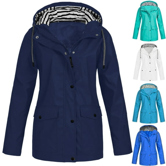 Feancey Plus Size Womens Rain Jacket with Hood Lightweight Striped Lined Raincoat Outdoor Waterproof Rain Coats Fashion Outerwear Light blue 5XL