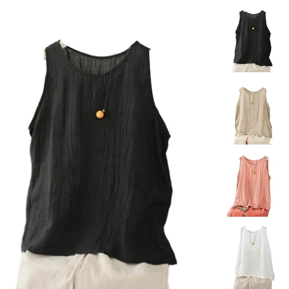 Feancey Plus Size Womens Summer Tank Tops Cotton Linen Sleeveless Comfort Tees Loose Fit Casual Lightweight Beach Tanks Solid Color Undershirts Black M