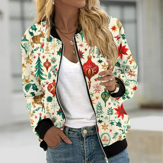 Feancey Prime Sales Today Bomber Jackets for Women Christmas Snowman Print Flight Jacket Fashion Lightweight Zip Up Jackets Casual Elastic Ribbed Trucker Jackets with Pockets Multicolor XL