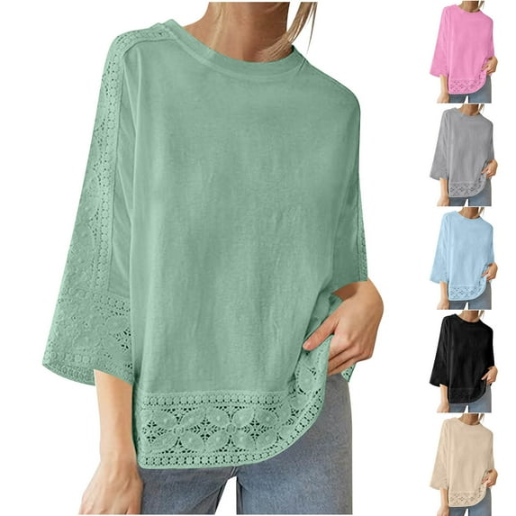 Feancey Womens Cotton Linen Tops Dressy Lace 3/4 Sleeve T-Shirts Spring Casual Round Neck Loose Blouse Trendy Vacation Tee Shirt Blue M