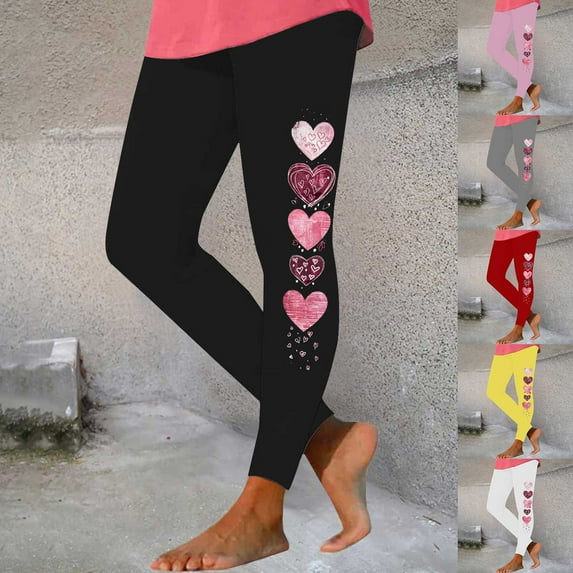 Feancey Prime Sales Women's Workout Leggings Long Casual Heart Print High Waist Yoga Pants Valentines Day Stretchy Tummy Control Tights Ladies Holiday Gifts Yellow L