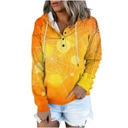 Feancey Prime Walmart price Women's Graphic Sweatshirts Halloween 2023 Fall Winter Hooded Sweatshirt Button Collar Drawstring Hoodies Pullover Teen Girl Long Sleeve Y2K Fall Tops