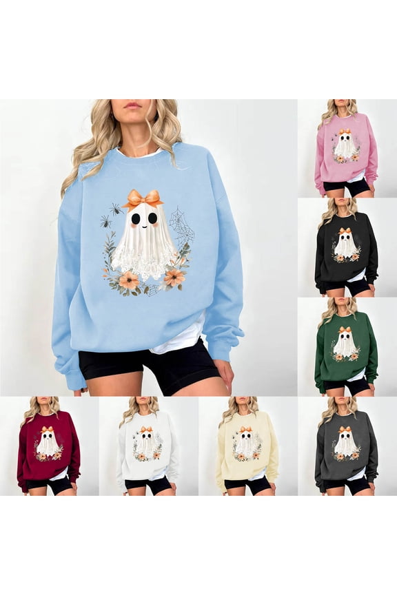 Pullover Halloween Sweatshirts for Women Cute Ghost Printed Crewneck Pullovers Holiday Casual Long Sleeve Graphic Sweatshirt Army Green S
