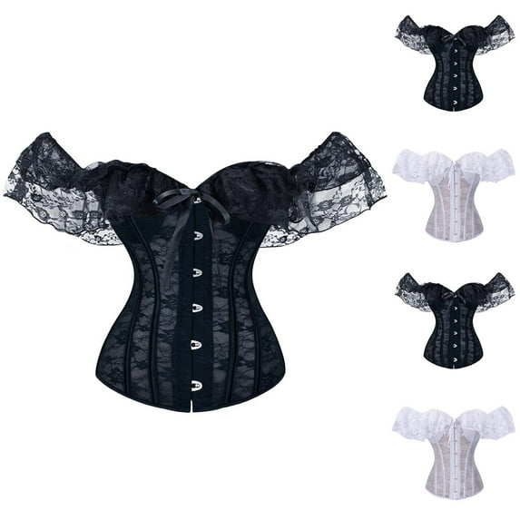 Feancey Push Up Bustier Tops for Women Lace Off Shoulder Corsets Halloween Vintage Tie Back Waist Cincher Shaperwear Going Out Top Black XXL