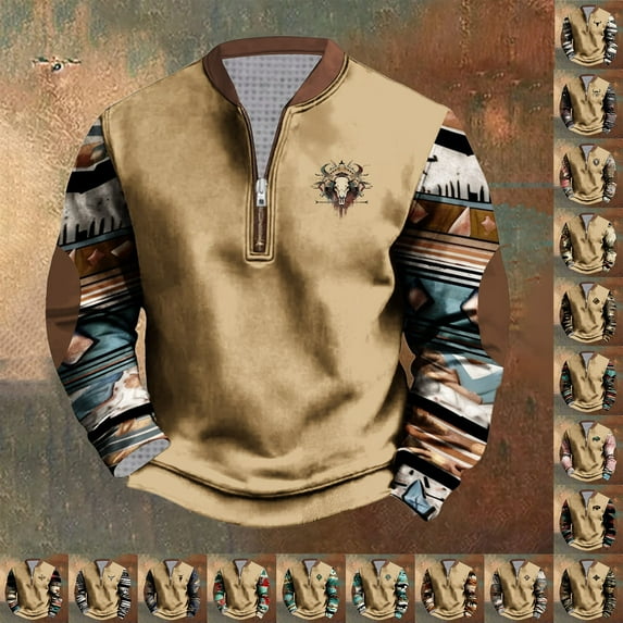 Feancey Quarter Zip Graphic Sweatshirts for Men Western Ethnic Printed Crewneck Pullover Tops Elbow Patched Long Sleeve Aztec Sweatshirt Cowboy Clothing Khaki2 M