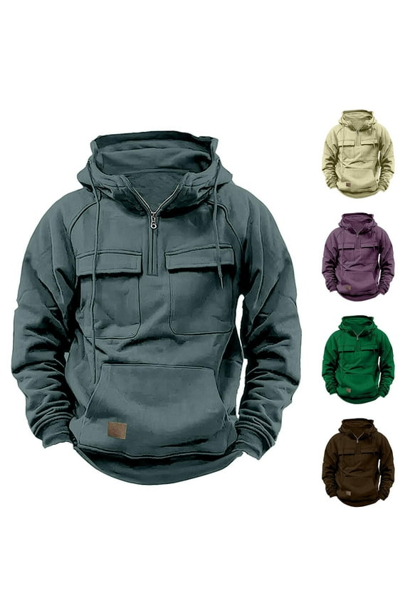 Quarter Zip Tactical Hoodies for Men Multi-pocket Vintage Hooded Sweatshirt Outdoor Midweight Winter Pullovers with Drawstring Today's On Sale,Beige,M