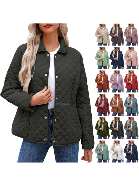 Quilted Jackets for Women Lightweight Plus Size Puffer Jacket Long Sleeve Snap Button Winter Coats Trendy Diamond Padded Outerwear with Pockets Black XL