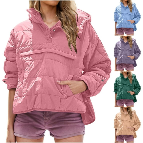 Feancey Quilted Pullover Puffer Jacket for Women Oversized Long Sleeve Hooded Coats Winter Warm Soft Lightweight Coat with Pocket Fashion Clothes Purple L