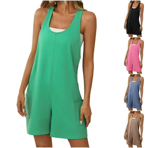 Feancey Racerback Jumpsuit Shorts for Women Cotton Casual Sleeveless U Neck Rompers Solid Color Overalls with Pockets Green XL