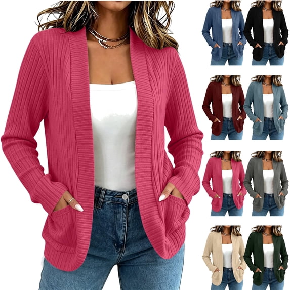 Feancey Ribbed Knit Cardigans for Women Long Sleeve Open Front Cardigan Sweaters Dressy Casual Knitted Cardigans Elegant Business Work Tops with Pockets Hot Pink XL