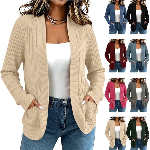 Feancey Ribbed Knit Cardigans for Women Long Sleeve Open Front Cardigan Sweaters Dressy Casual Knitted Cardigans Elegant Business Work Tops with Pockets Khaki M