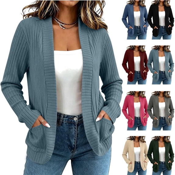 Feancey Ribbed Knit Cardigans for Women Long Sleeve Open Front Cardigan Sweaters Dressy Casual Knitted Cardigans Elegant Business Work Tops with Pockets Light Blue S