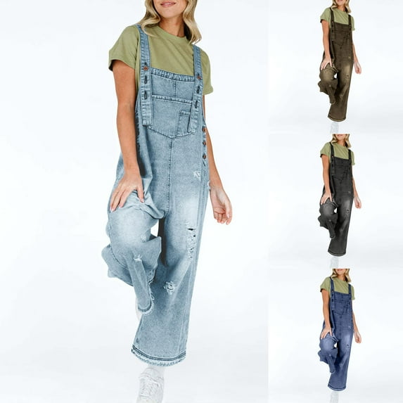 Feancey Ripped Jean Jumpsuits for Women Adjustable Strap Bib Overalls Summer Sleeveless Wide Leg Rompers Solid Color Vintage Denim Jumpsuit with Pockets Coffee L