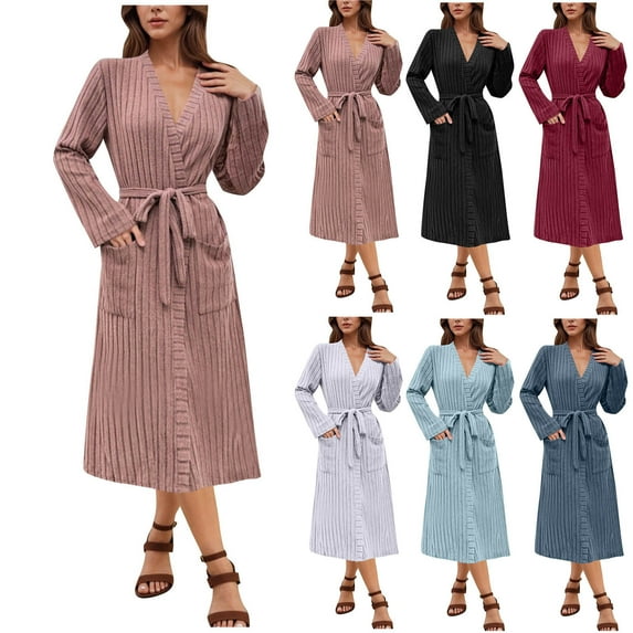 Feancey Robes for Women Ribbed Knit Bathrobe Mid Length Soft Kimono Robe Long Sleeve Casual Sleepwear Belted Nightgowns with Pockets Navy S