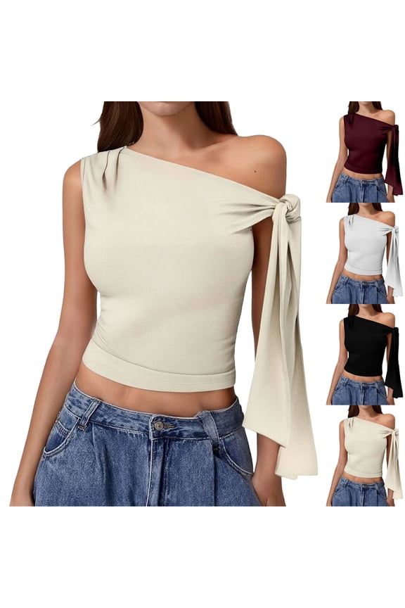 Ruched One Off The Shoulder Tank Tops for Women Tie Sleeve Asymmetrical Neck Going Out Top Slim Fit Casual Summer Blouses Beige S