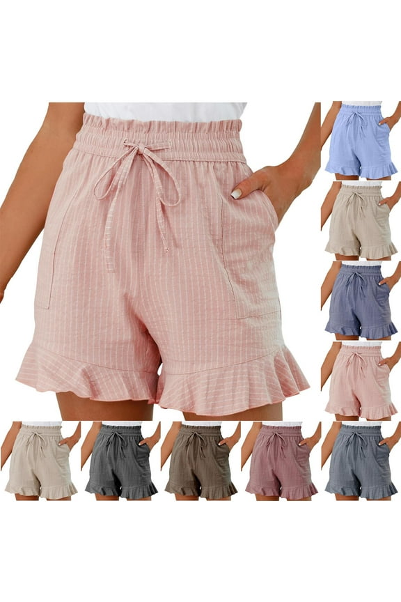 Ruffle Shorts for Women Summer Trendy Striped Shorts Elastic High Waist Drawstring Shorts Loose Fit Lounge Shorts with Pokcets Pink XXL