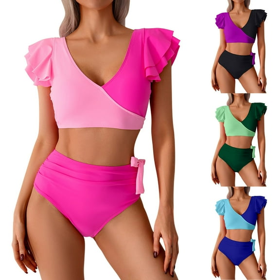 Feancey Ruffle Swimsuits for Women 2 Piece Casual Colorblock Swim Tops and Bikini Bottoms Bathing Suits Teen Girls High Waist Tummy Control Swimsuit Sets Funny Gift Black M