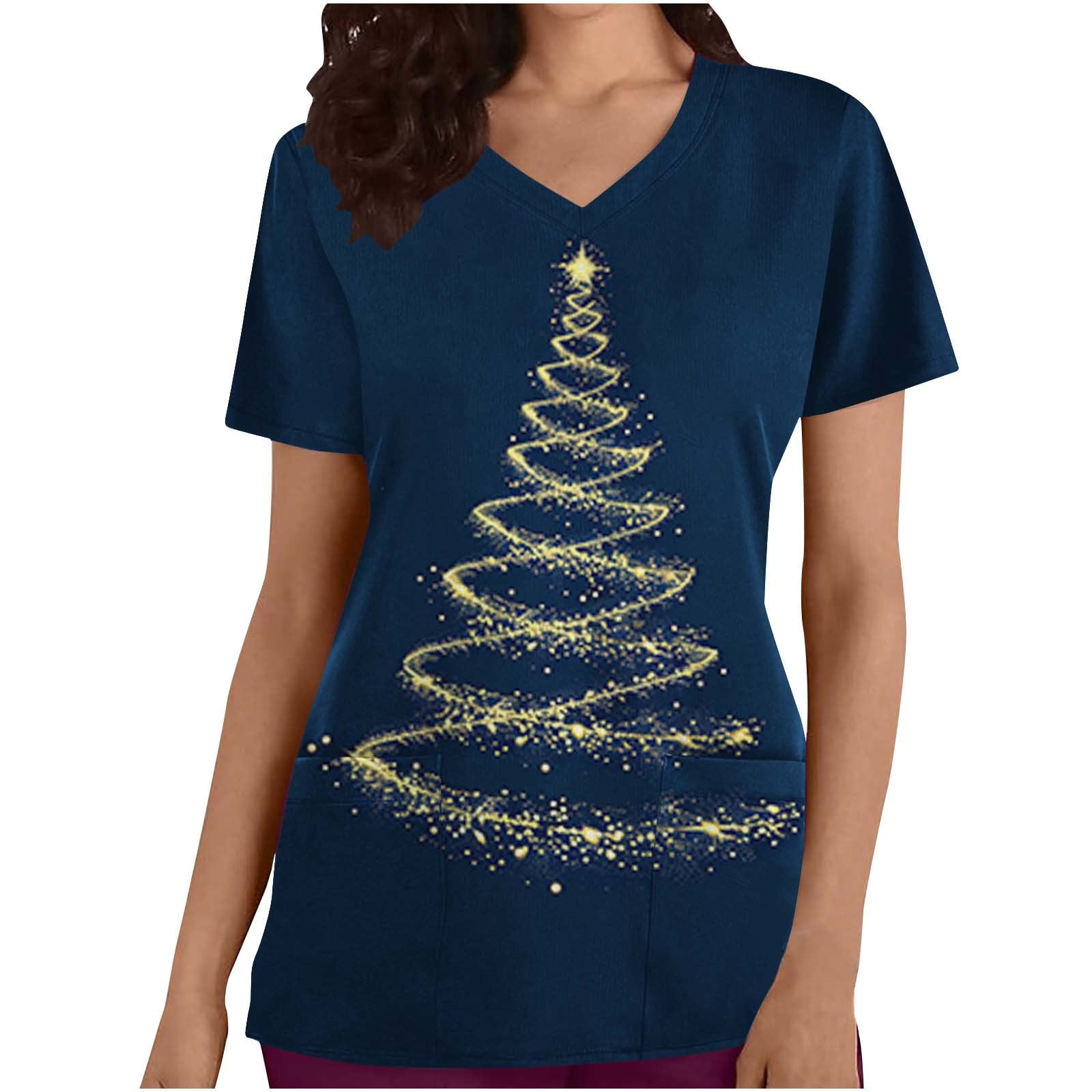 Feancey Christmas Scrubs Tops for Women Stretchy V Neck Xmas Tree Printed Nursing Uniforms Nurse Short Sleeve Casual Holiday Working T-Shirts, image size:1600x1600