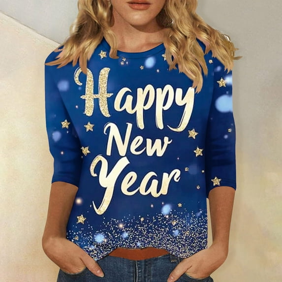 Feancey Happy New Year Party 3/4 Sleeves T-Shirts for Women Fall Casual Holiday Shirts Trendy Letter Printed Tunic Tops Dressy Festival Party Blouse Multicolor S
