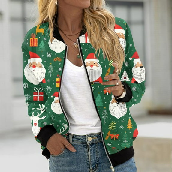 Feancey On Sale Clearance Prime Womens Bomber Jacket Christmas Print Teen Girls Trucker Biker Zip Up Flight Jackets Casual Long Sleeve Lightweight Pockets Jacket Multicolor XL