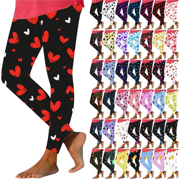 Feancey On Sale Clearance Women's Leggings Dressy Casual Heart Printed High Waist Yoga Pants Stretchy Skinny Tummy Control Sport Workout Tight Cute Quick Dry Leggings Pink M