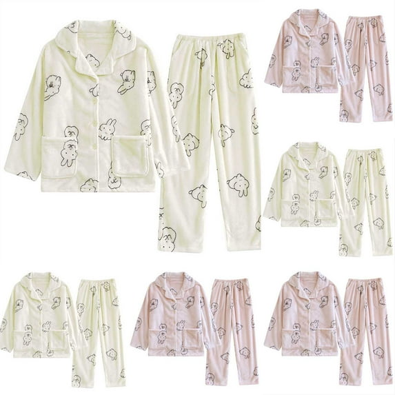 Feancey On Sale Cute Pajama Sets for Women Winter Rabbit Print Flannel Pjs 2 Piece Set Cozy Soft Button Down Sleepwear and Long Pants Loungewear Outfiets Pink L