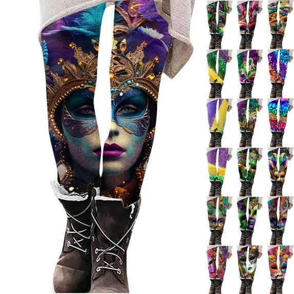 Feancey Sale of The Day Today Holiday Leggings for Women Dressy Tummy Contral Mardi Gras Yoga Pants Novelty Mask Print High Waisted Workout Tights Soft Stretchy Carnival Party Leggings Multicolor L