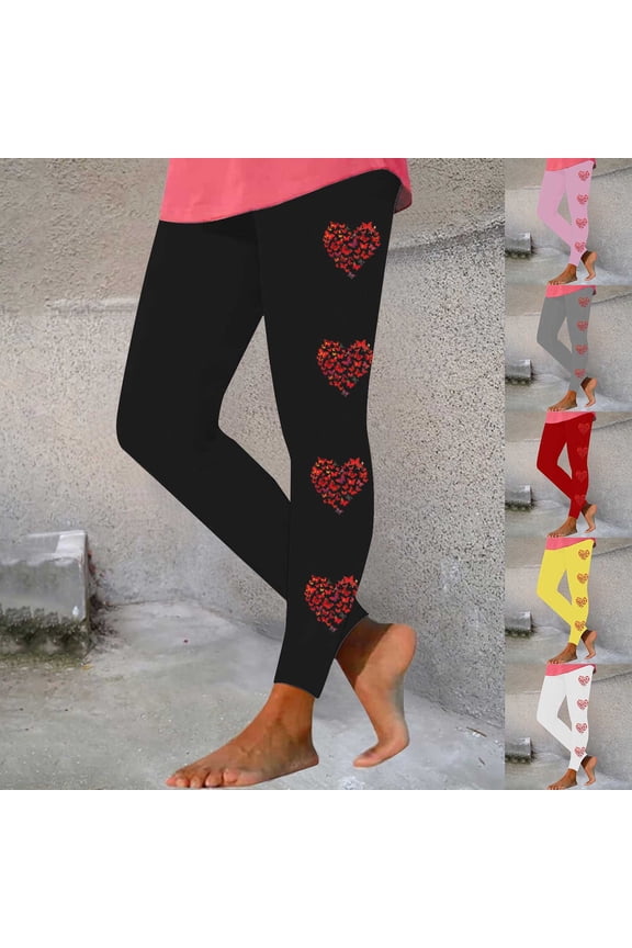 Sale of The Day Womens Leggings Tummy Control Dressy Casual Heart Print Workout Tights Valentines Day Stretchy High Waist Sports Yoga Pants Black M