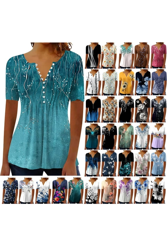 Going Out Tops for Women Trendy Print Pleated Blouse Henley V-Neck Short Sleeve T-Shirts Button Up Casual Office Work Tees Multicolor M