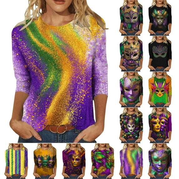 Feancey Spring Tops for Women Trendy 3/4 Sleeve Carnival Themed T-Shirts Comfy Crewneck Mask Print Graphic Tee Mardi Gras Parade Blouse Multicolor 3XL