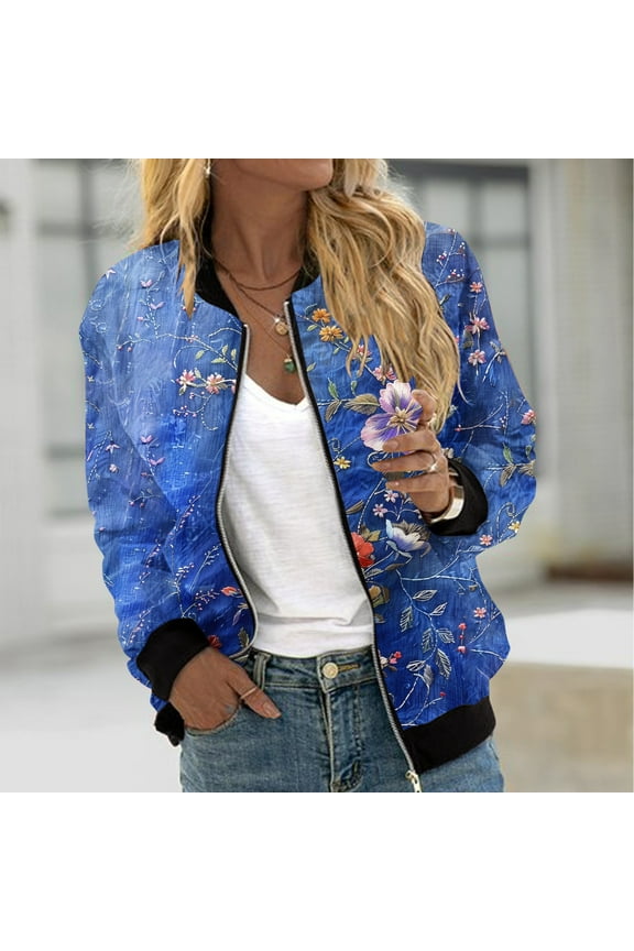 Sales Today of Today Womens Bomber Jackets Trendy Floral Print Short Jackets Lightweight Zip Up Flight Jacket Coat Casual Elastic Ribbed Varsity Outwear Multicolor XXL